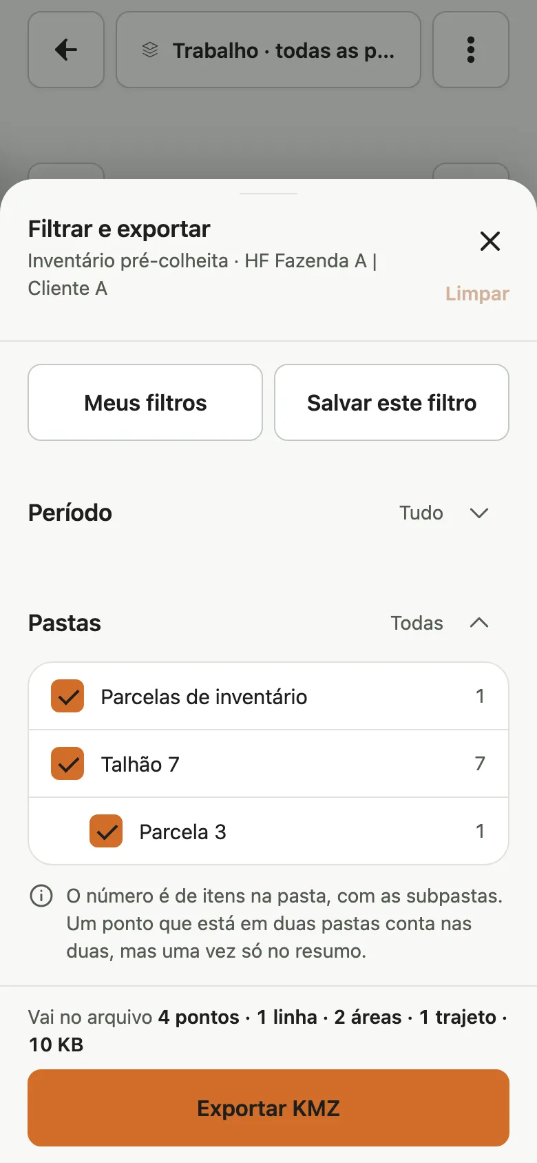 Folha de exportação com filtros de período e pastas.