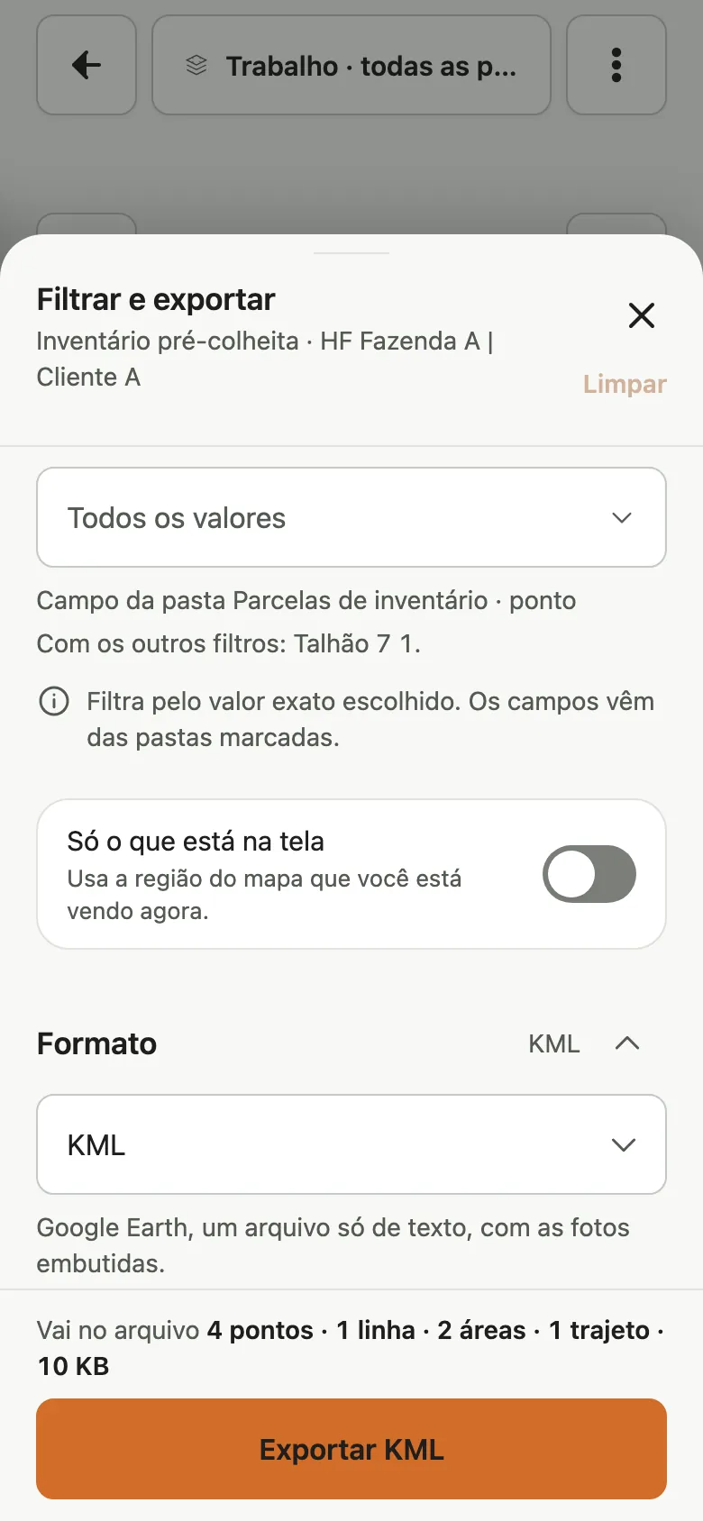 Folha de exportação com KML selecionado como formato.