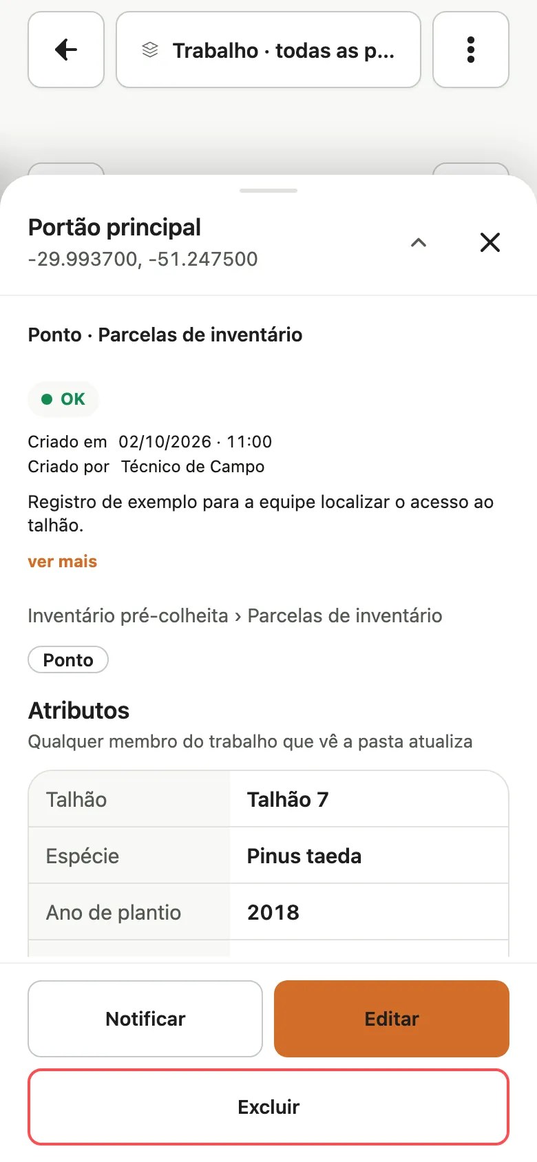 Ficha demonstrativa de um ponto com data e autoria registradas.