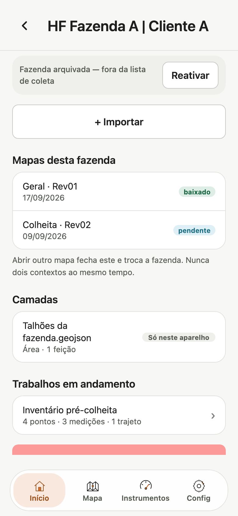 Ficha de fazenda arquivada com o aviso Fazenda arquivada, fora da lista de coleta, e o botão Reativar.