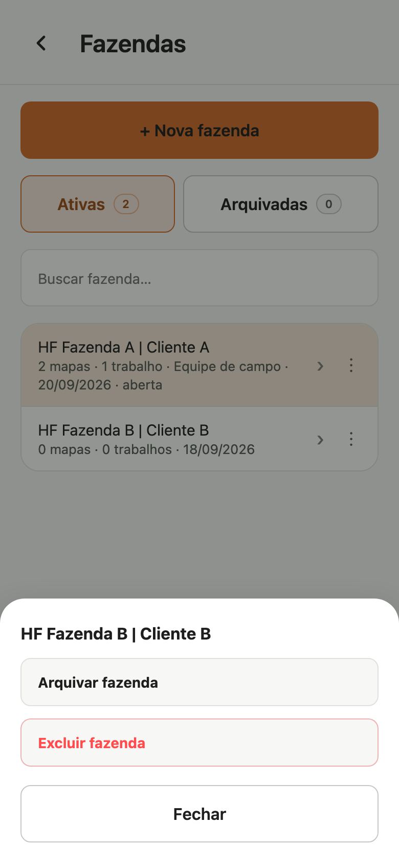 Menu de ações de uma fazenda com Arquivar fazenda, Excluir fazenda e Fechar.