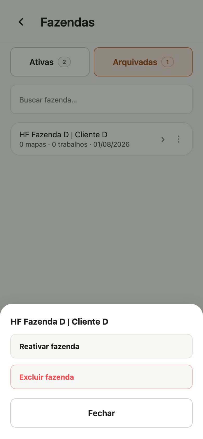 Menu de uma fazenda arquivada com Reativar fazenda, Excluir fazenda e Fechar.