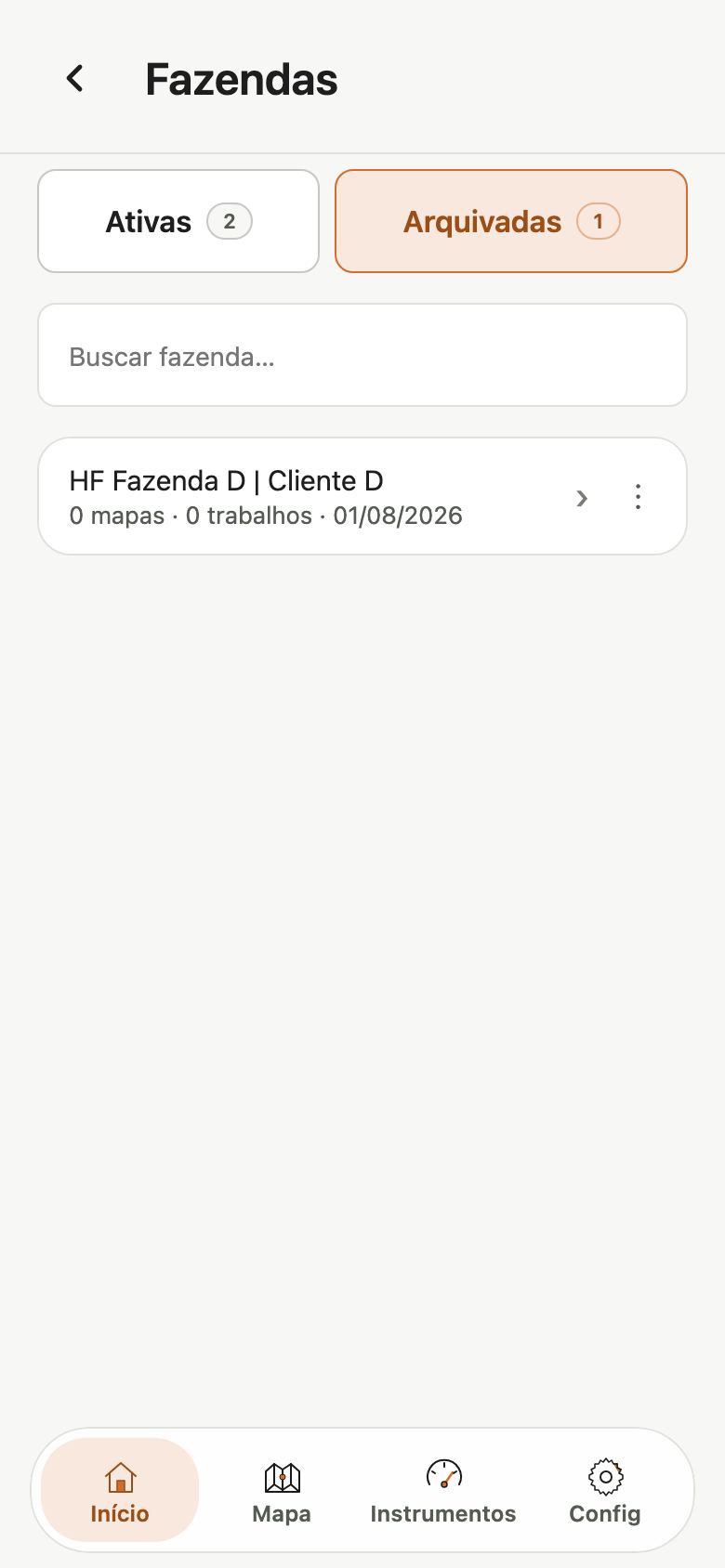 Lista de fazendas na aba Arquivadas com uma fazenda.