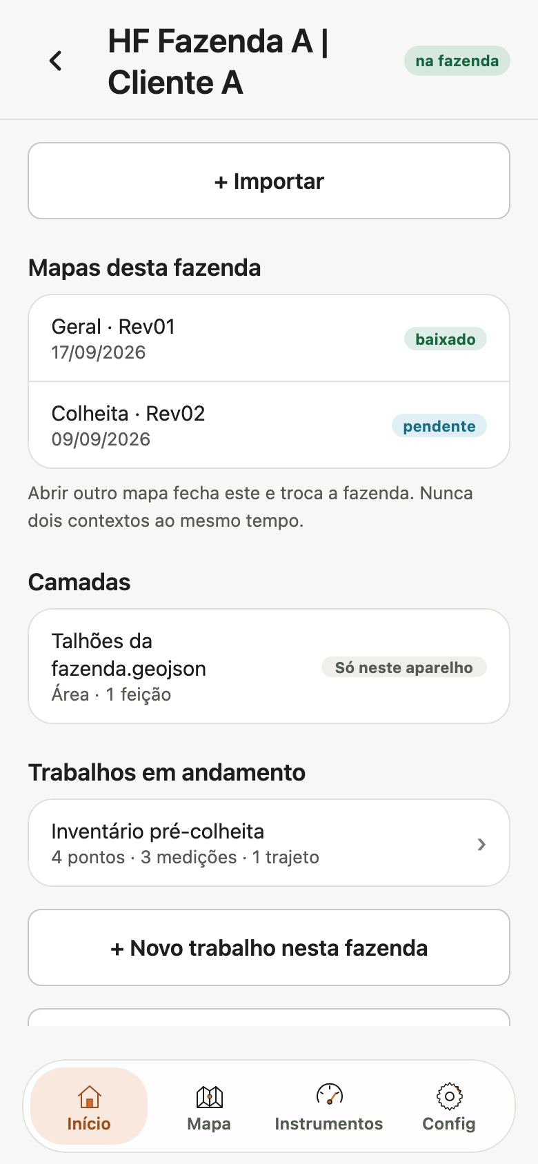 Ficha da fazenda com o botão + Importar, os mapas Geral Rev01 baixado e Colheita Rev02 pendente e uma camada importada.