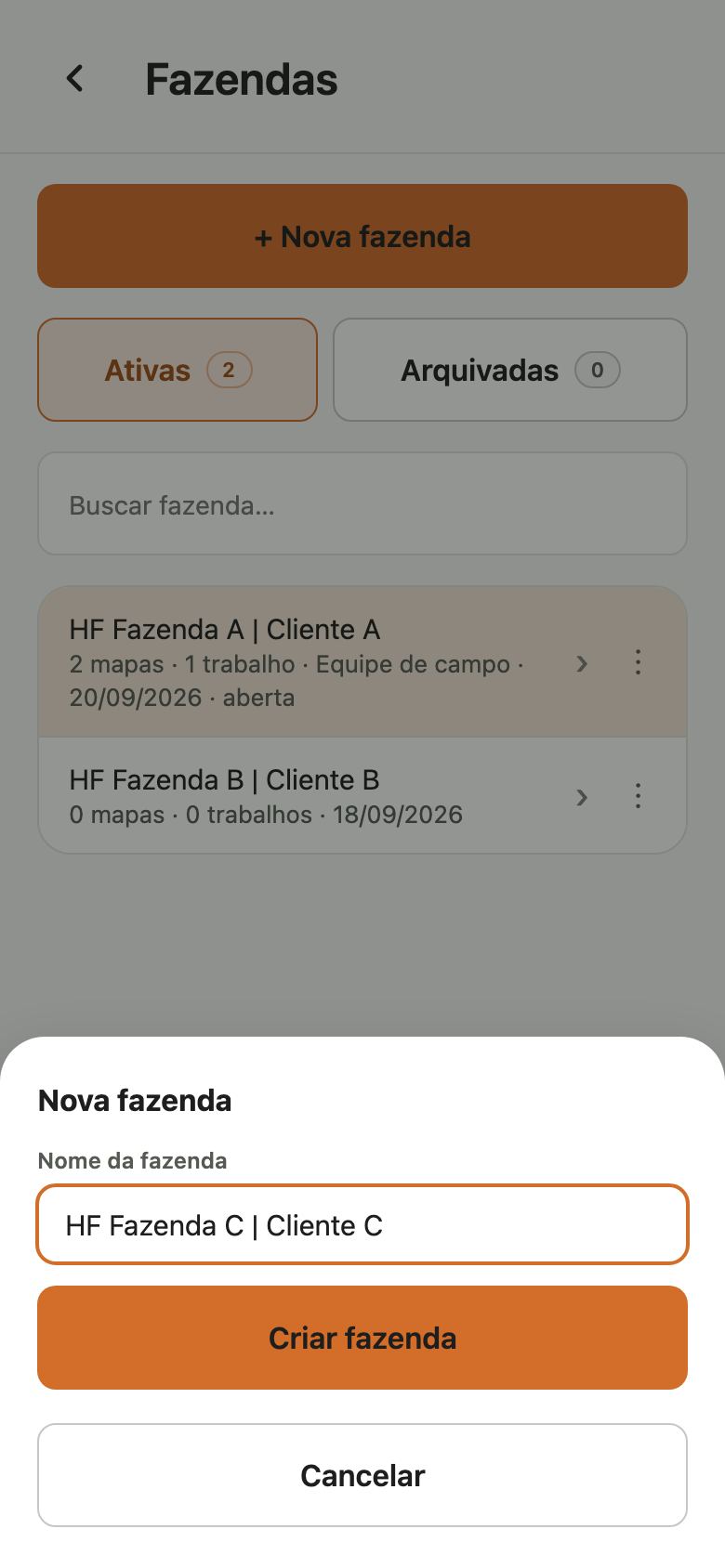 Janela Nova fazenda com o campo Nome da fazenda preenchido e os botões Criar fazenda e Cancelar.