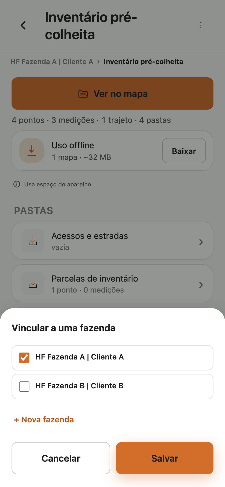 Janela Vincular a uma fazenda com duas fazendas, uma marcada, o link Nova fazenda e os botões Cancelar e Salvar.