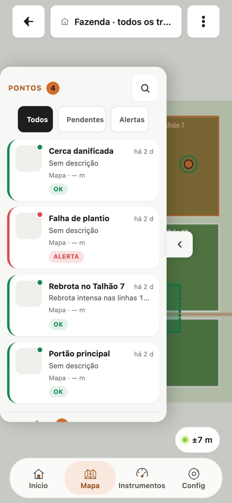 Lista lateral com Pontos 4, filtros Todos, Pendentes e Alertas, e os pontos com seus estados OK e Alerta.