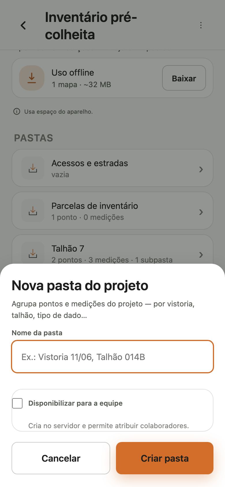 Janela antiga Nova pasta do projeto, com o campo Nome da pasta, a caixa Disponibilizar para a equipe e os botões Cancelar e Criar pasta.