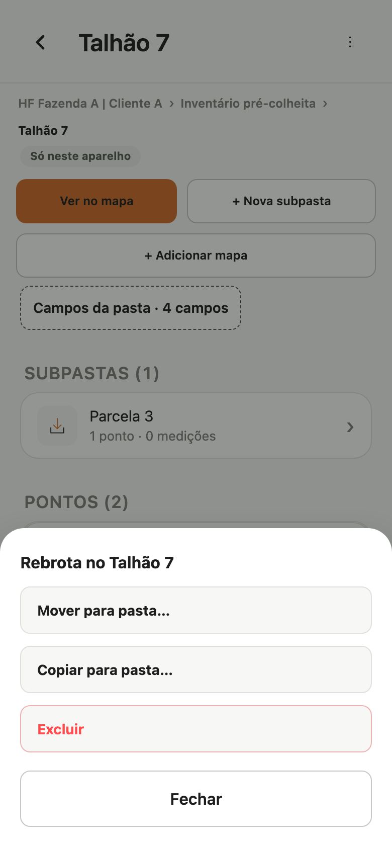 Menu de um ponto com Mover para pasta, Copiar para pasta e Excluir.