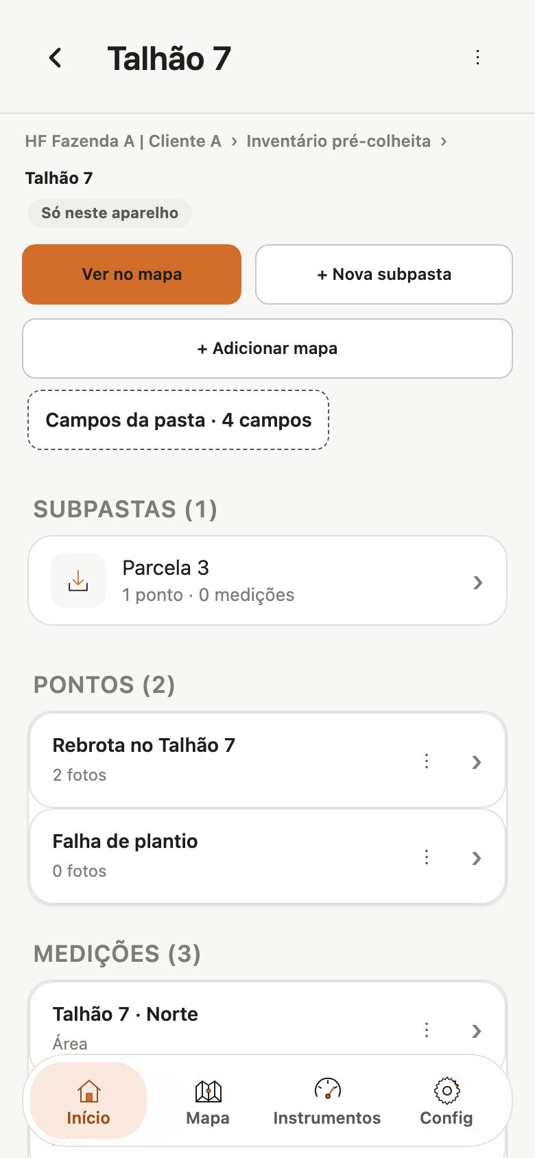 Página da pasta Talhão 7 com o caminho no alto, os botões Ver no mapa, Nova subpasta e Adicionar mapa, o botão Campos da pasta com 4 campos, a subpasta Parcela 3, dois pontos e as medições.