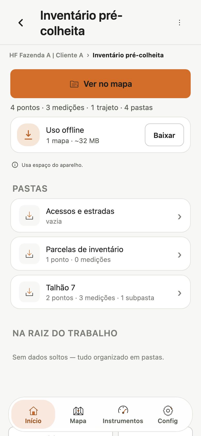 Página do trabalho com as pastas Acessos e estradas, vazia, Parcelas de inventário e Talhão 7, com 2 pontos, 3 medições e 1 subpasta.