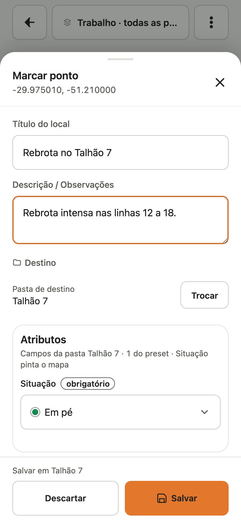 Folha Marcar ponto com título e descrição preenchidos e a Situação Em pé escolhida; o botão Salvar está ativo.