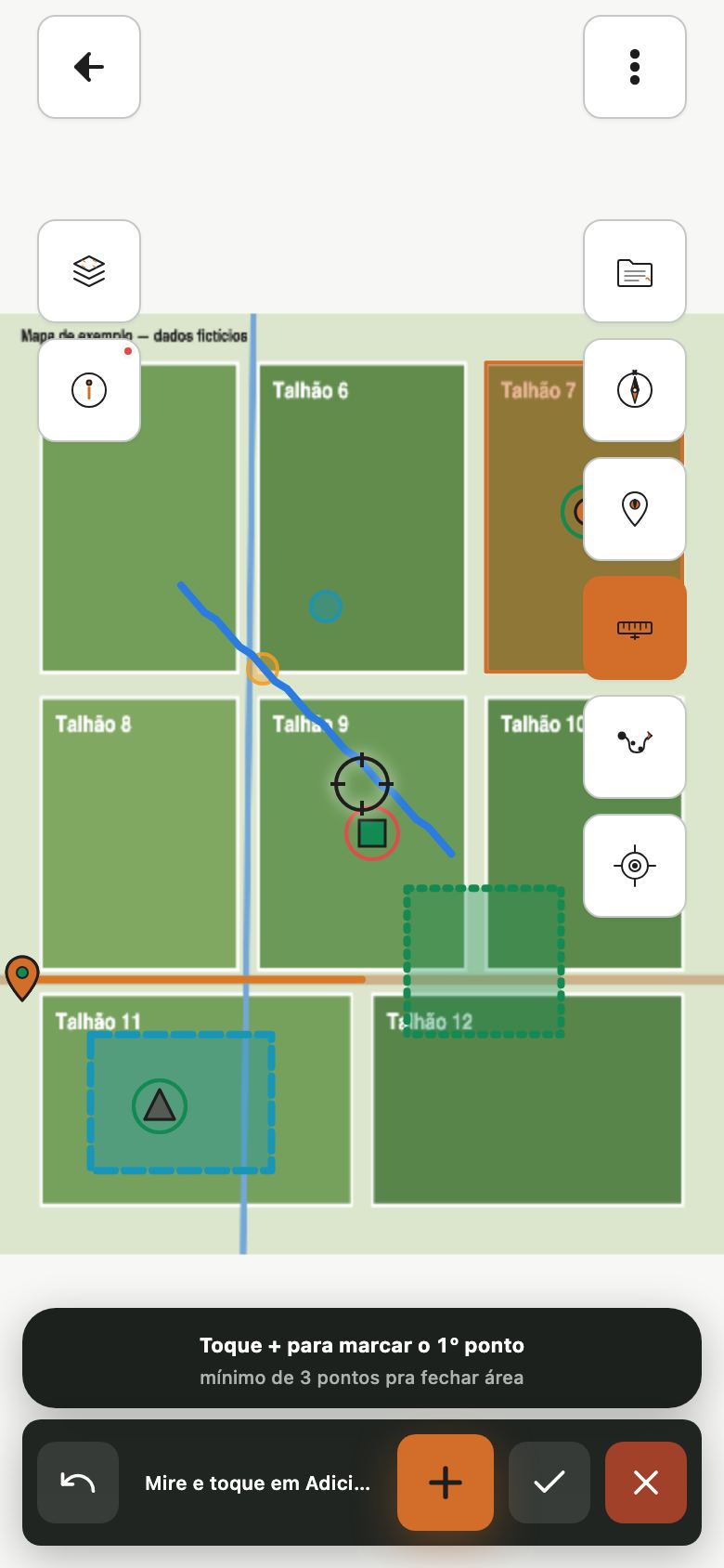 Mapa em modo de medição com a mira e a instrução Toque + para marcar o 1º ponto, mínimo de 3 pontos para fechar área.