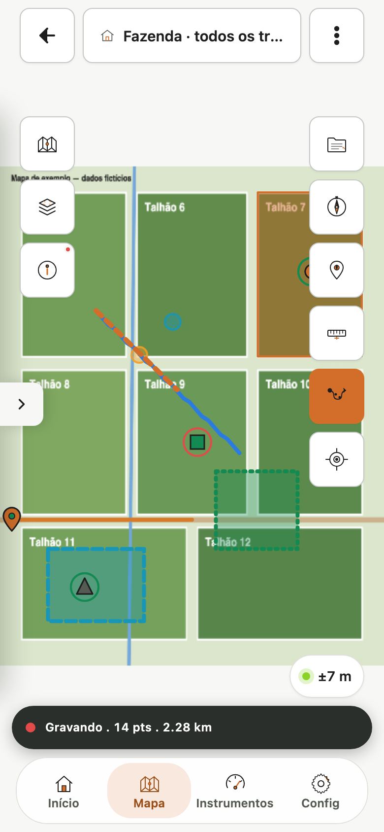 Mapa gravando, com o botão de trajeto laranja e a barra Gravando, 14 pts, 2.28 km.
