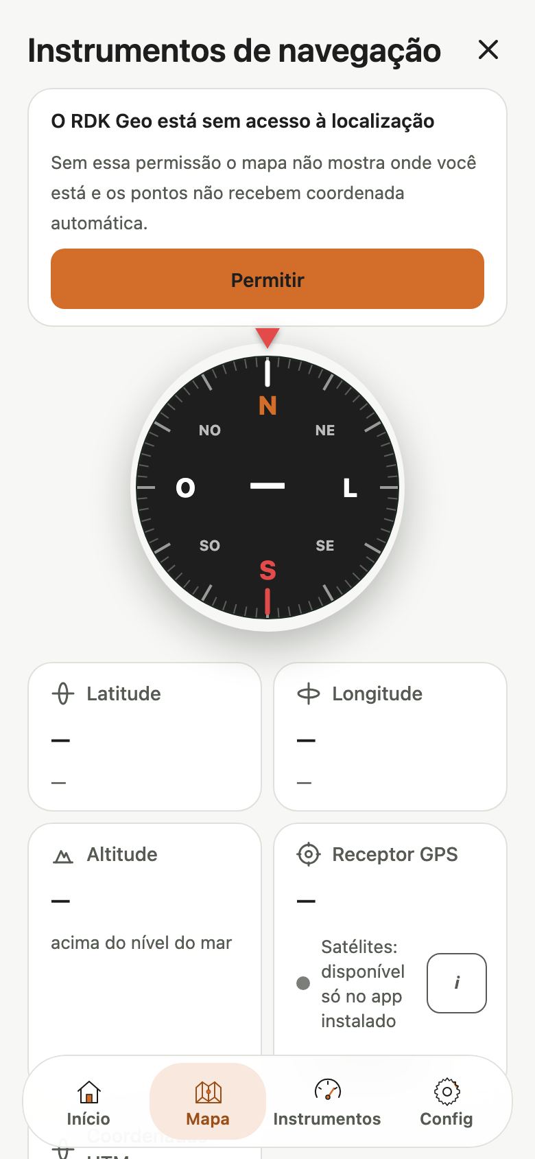 Instrumentos de navegação com a bússola, o aviso de localização sem acesso e os quadros Latitude, Longitude, Altitude e Receptor GPS.