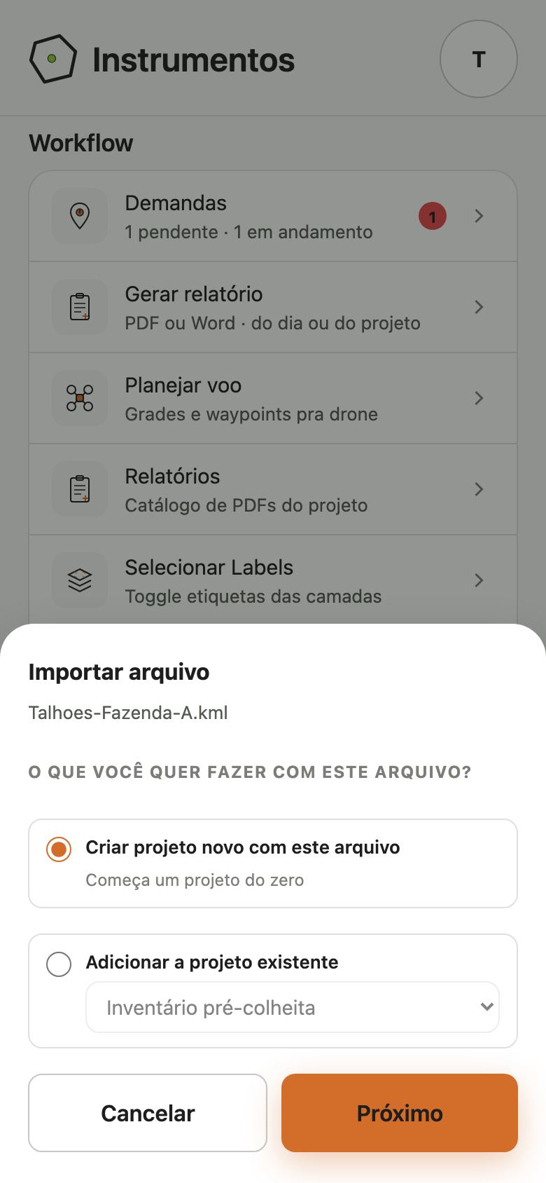 Janela de importação do build 108 com as opções antigas Criar projeto novo com este arquivo e Adicionar a projeto existente.