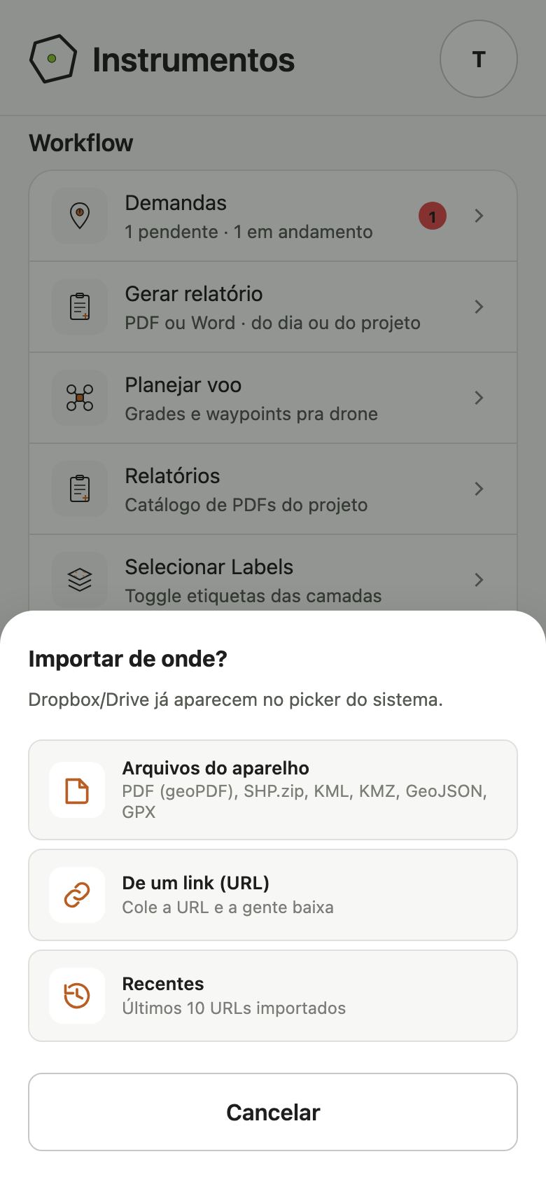 Janela Importar de onde, com Arquivos do aparelho, De um link e Recentes.