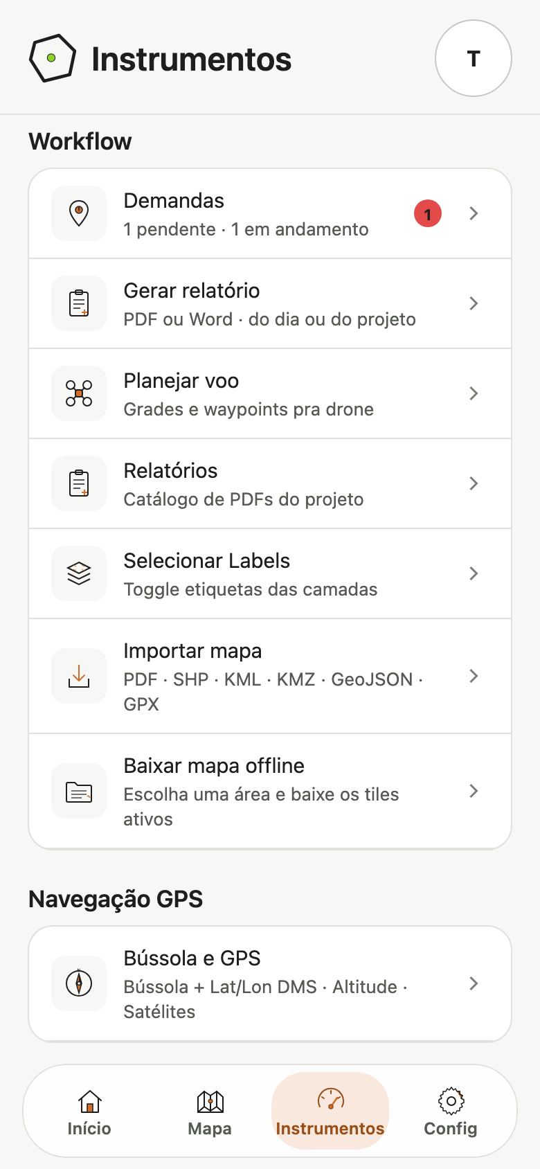 Tela Instrumentos com Demandas, Gerar relatório, Planejar voo, Relatórios, Selecionar Labels, Importar mapa e Baixar mapa offline.