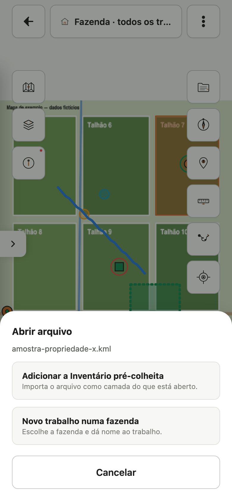 Folha Abrir arquivo com o nome do arquivo e as opções Adicionar a Inventário pré-colheita e Novo trabalho numa fazenda.