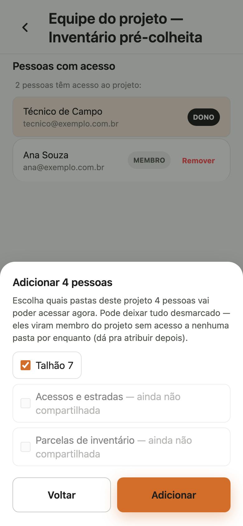 Janela Adicionar 4 pessoas com a pasta Talhão 7 marcada e outras pastas desativadas, ainda não compartilhadas.