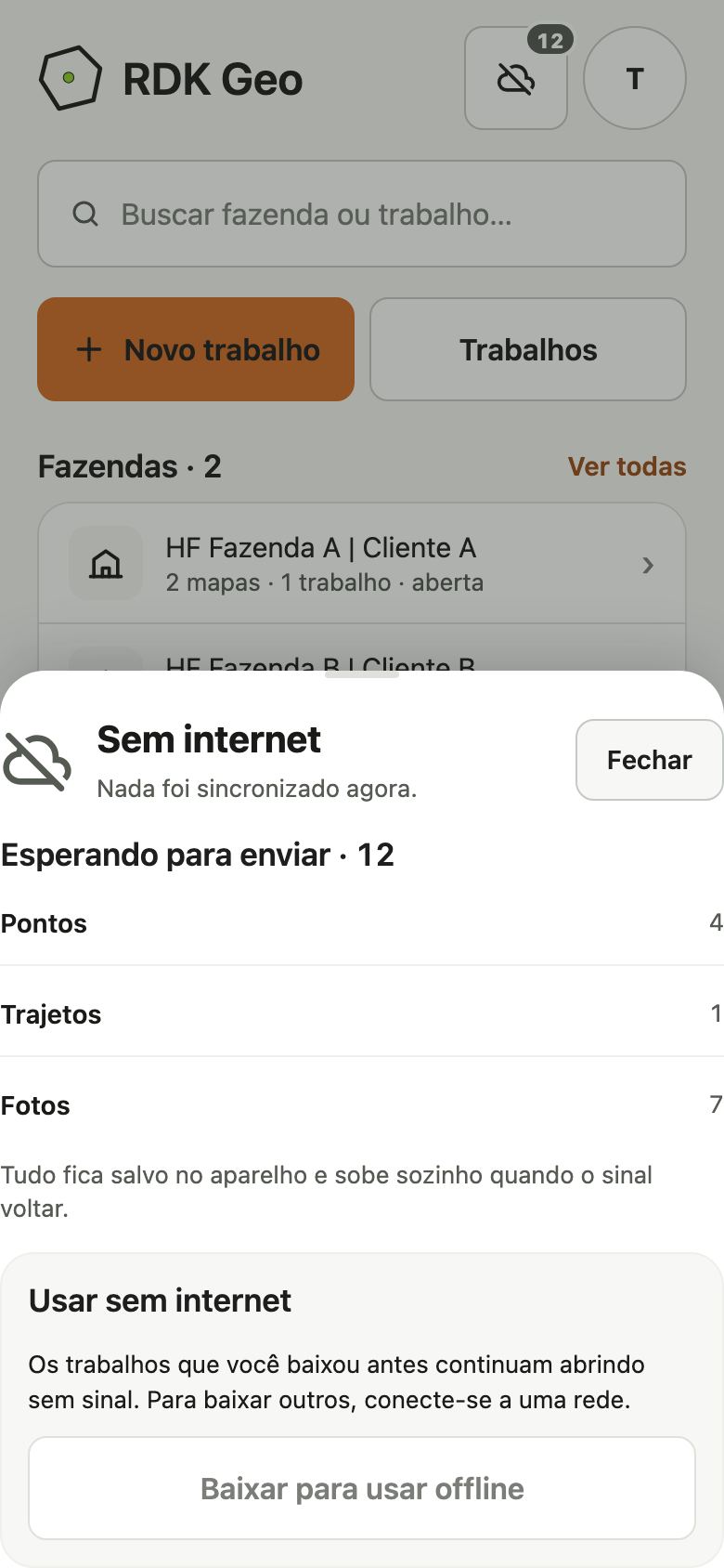 Painel Sem internet, Nada foi sincronizado agora, com a lista Esperando para enviar: pontos, trajetos e fotos.