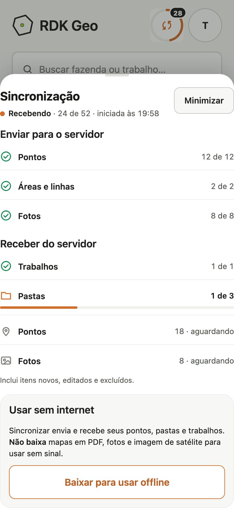 Painel Sincronização com Enviar para o servidor, com Pontos, Áreas e linhas e Fotos concluídas, e Receber do servidor, com a linha Pastas em andamento.