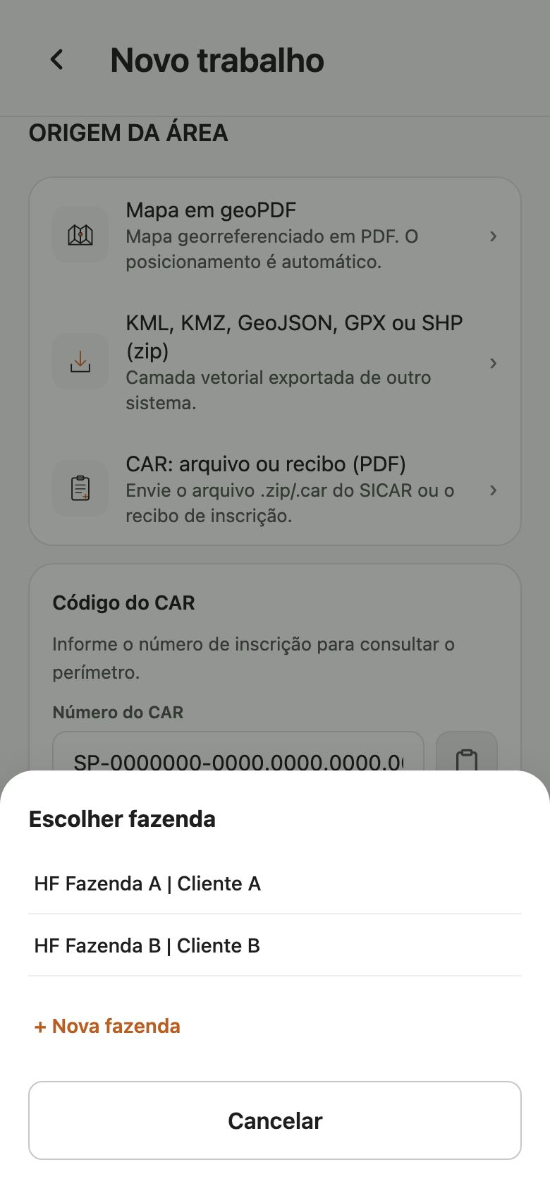 Janela Escolher fazenda com duas fazendas, o link Nova fazenda e o botão Cancelar.