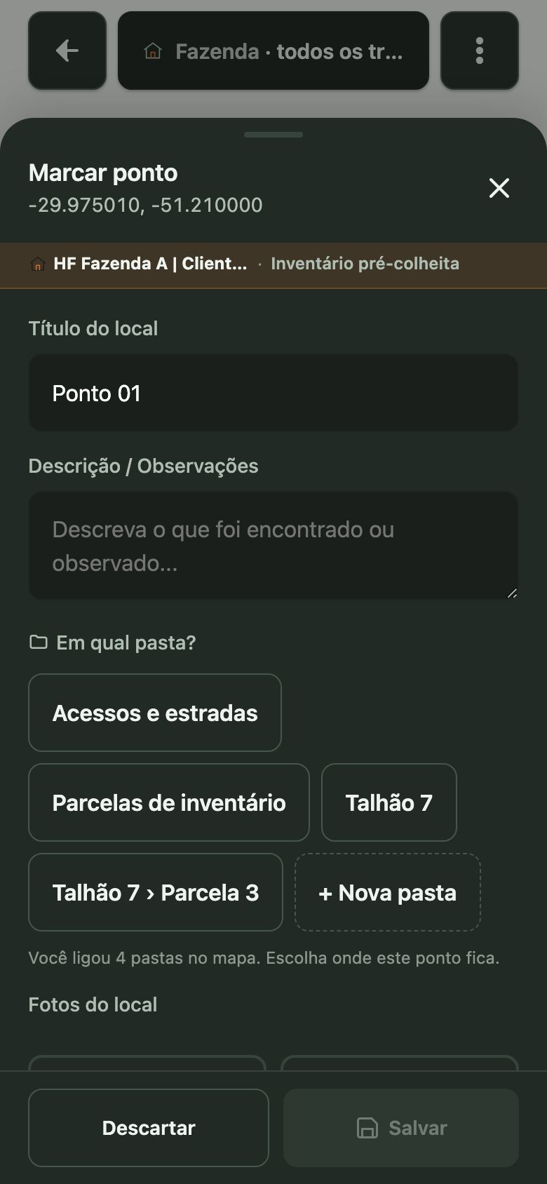 Folha Marcar ponto no tema escuro.