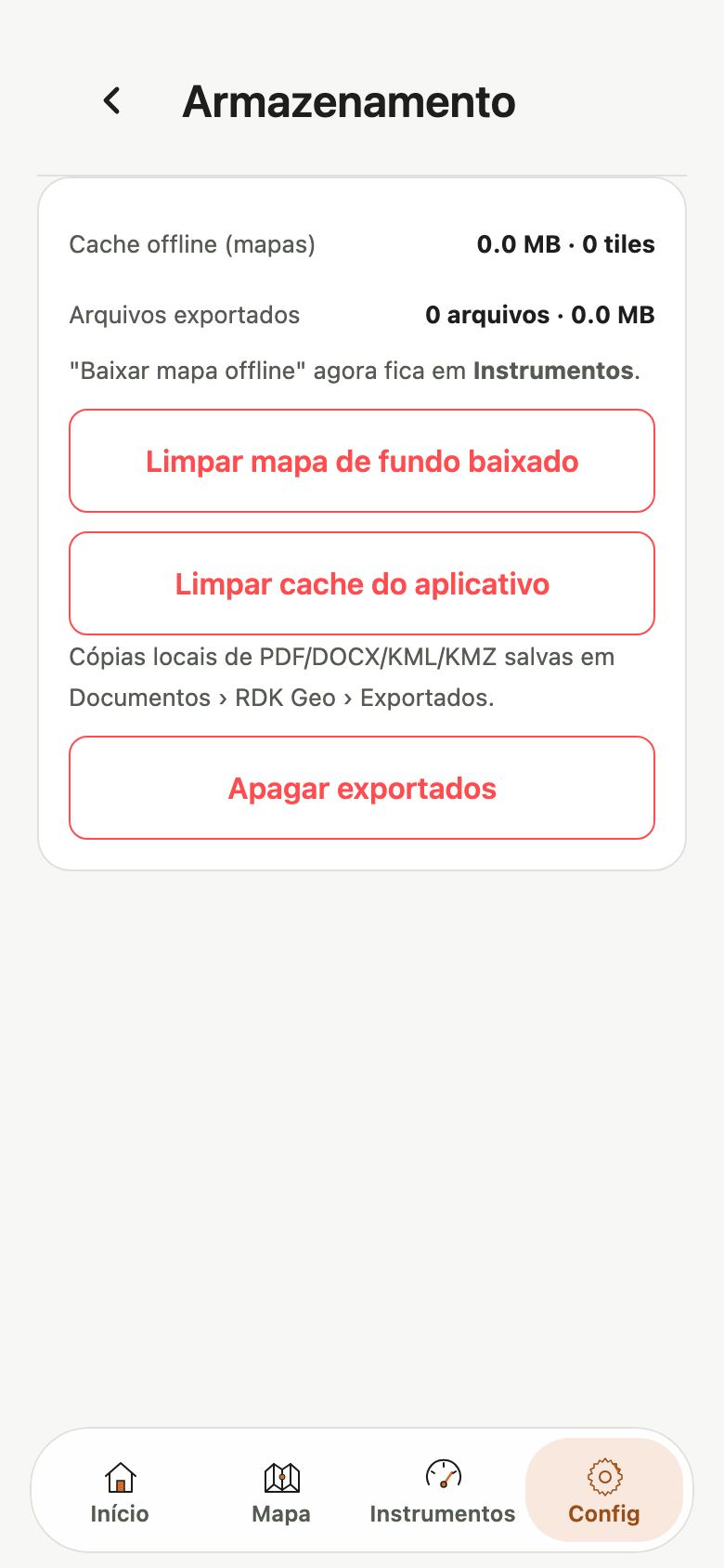 Tela Armazenamento com Cache offline, Arquivos exportados e os botões Limpar mapa de fundo baixado, Limpar cache do aplicativo e Apagar exportados.