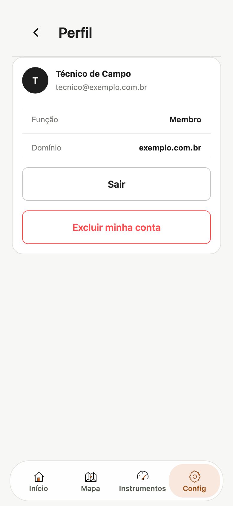 Tela Perfil com nome, e-mail, função Membro, domínio e os botões Sair e Excluir minha conta.