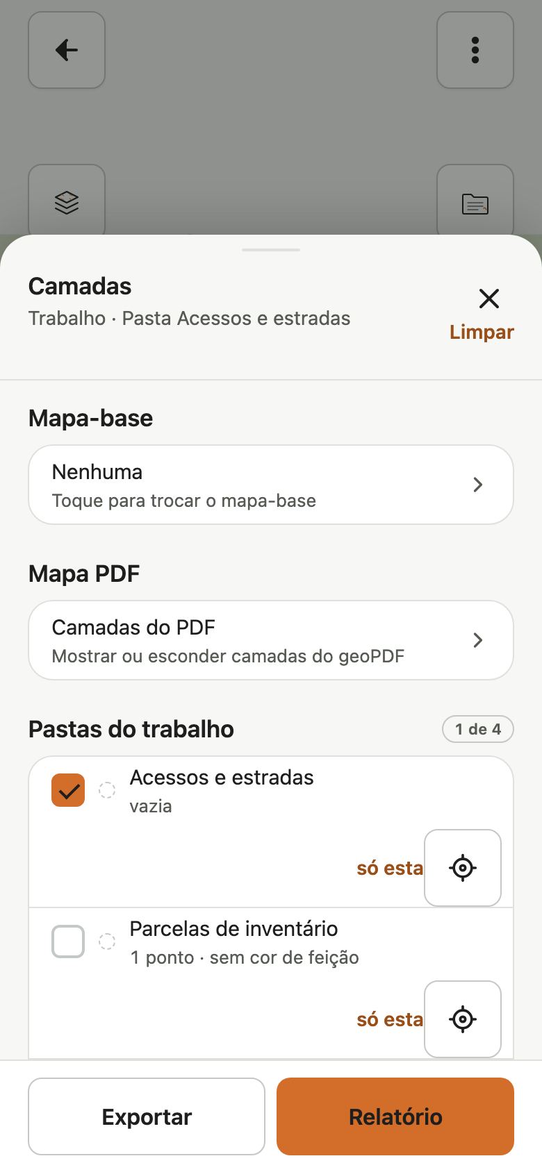 Folha Camadas com o contexto Trabalho, Pasta Acessos e estradas, Mapa-base, Mapa PDF e o botão Limpar ativo.