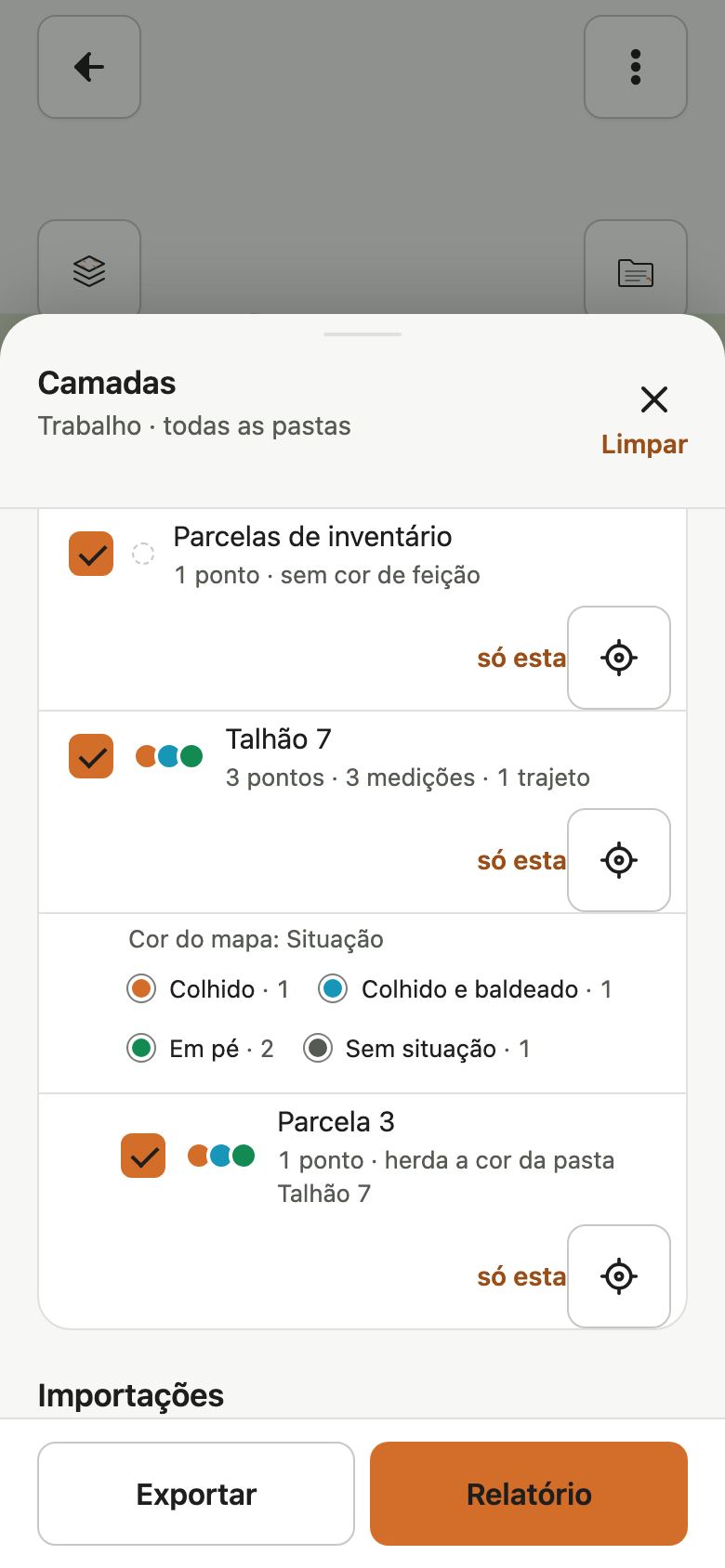 Folha Camadas rolada, com as pastas Parcelas de inventário e Talhão 7, a legenda Cor do mapa: Situação com Colhido, Colhido e baldeado, Em pé e Sem situação, e a subpasta Parcela 3.