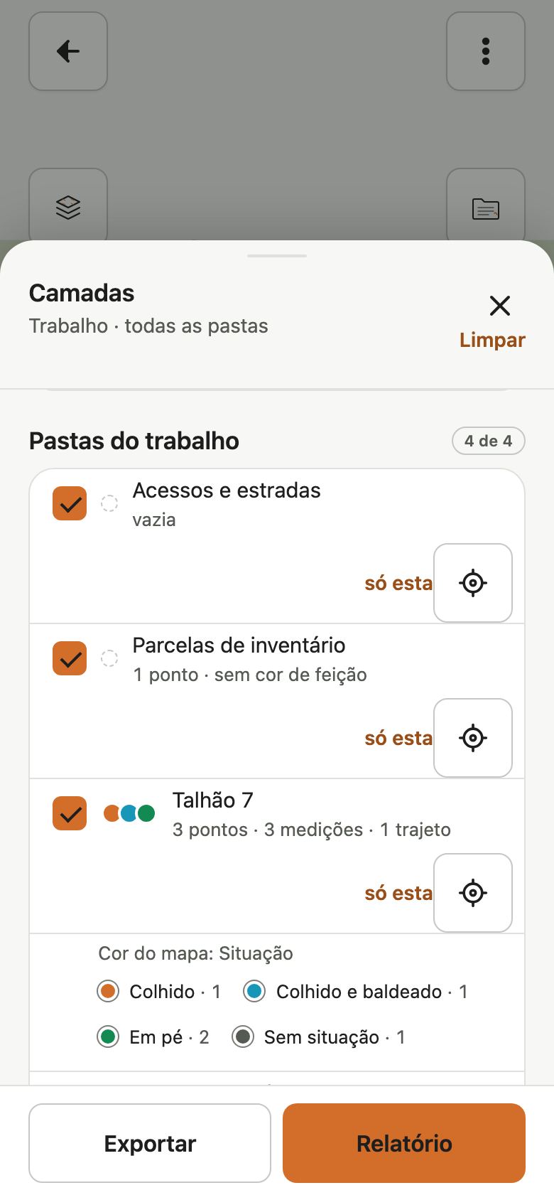 Folha Camadas no contexto Trabalho, todas as pastas, com a seção Pastas do trabalho 4 de 4, uma caixa por pasta, só esta, o alvo e a legenda Cor do mapa: Situação.
