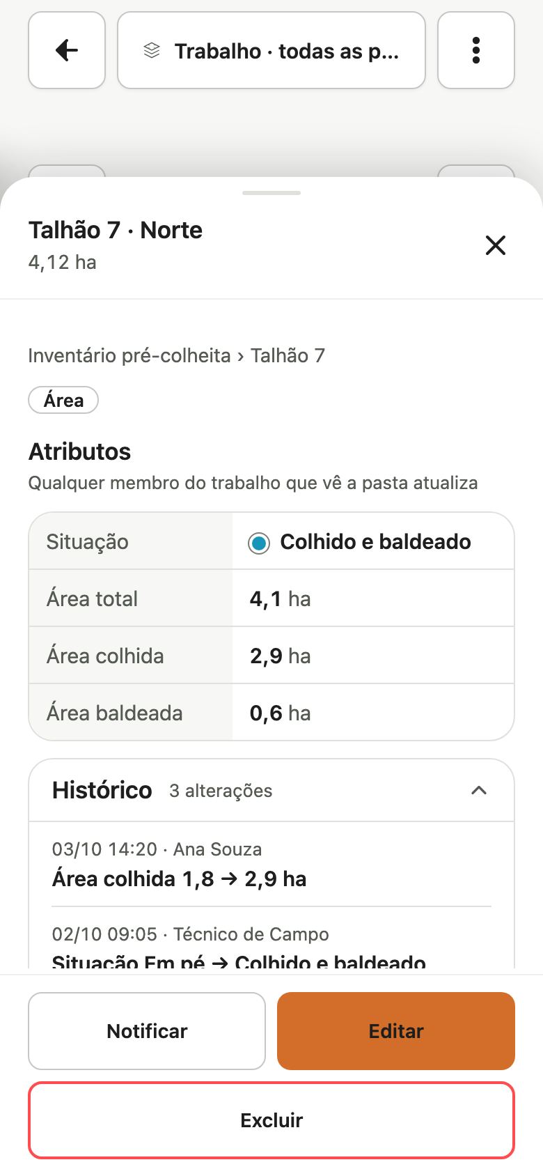 Cartão da área com a seção Histórico aberta, com o título 3 alterações e as alterações mais recentes: quem mudou, quando, o valor antigo e o novo.