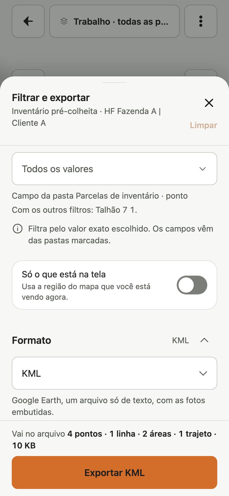Folha Filtrar e exportar no build 118, com a seção Formato aberta em KML e o botão Exportar KML.