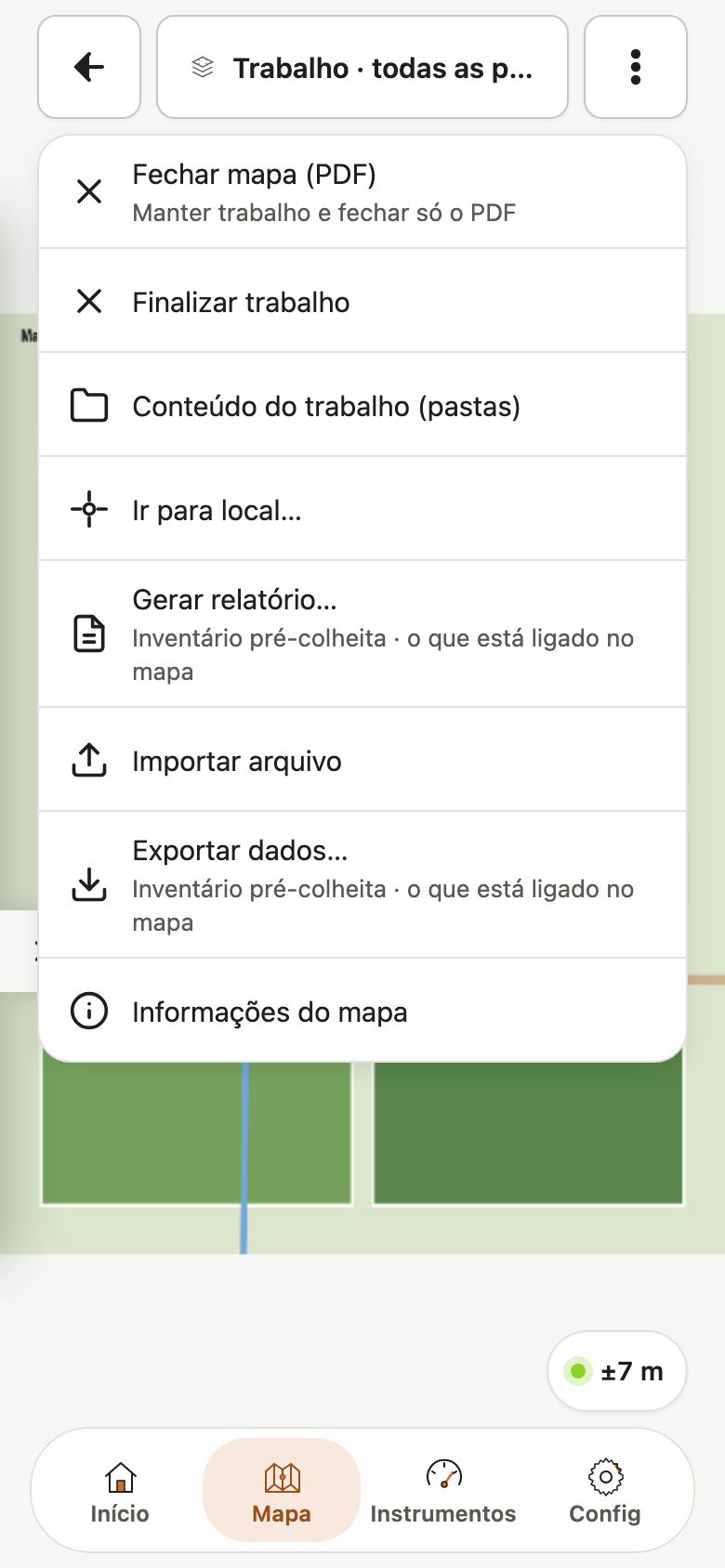 Menu do mapa no build 118 com Fechar mapa (PDF) e a descrição Manter trabalho e fechar só o PDF.